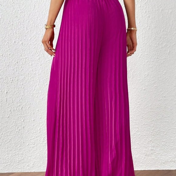 Hot Pink Casual Womens Solid Pleated Wide Leg Pants - Picture 2 of 5